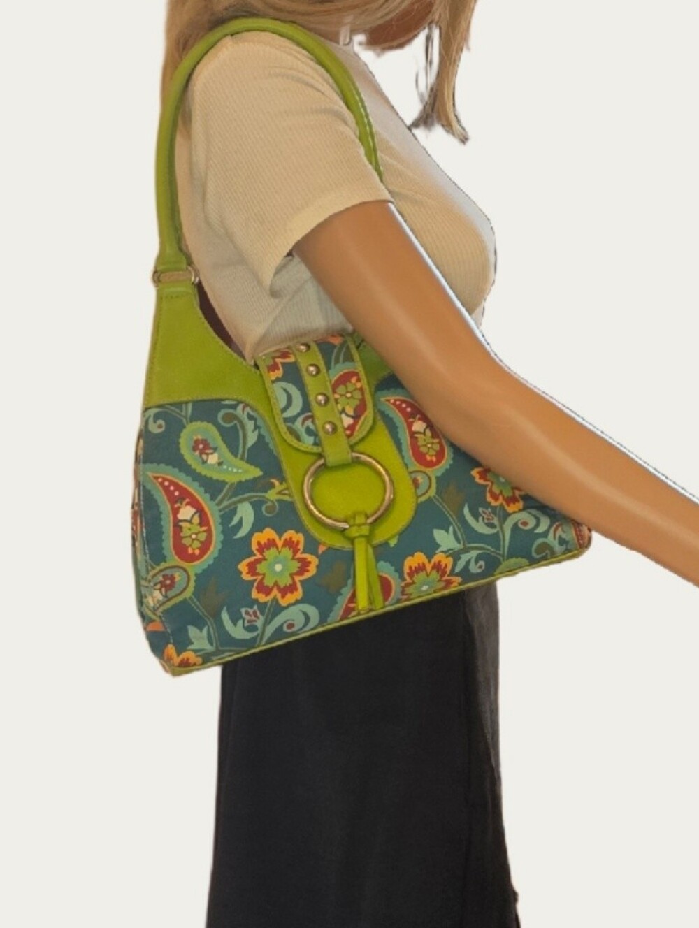 VTG St. John’s Bay Vibrant Paisley Floral Lime Green Shoulder Hobo Bag Y2K